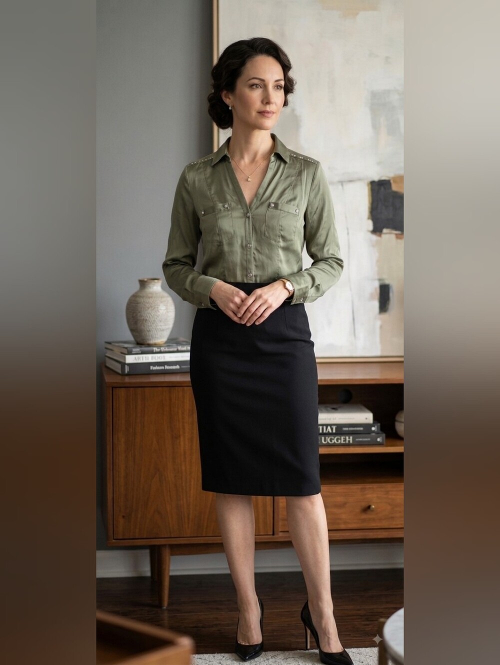 White House Black Market Olive Green Button-Front Blouse 95% Silk - Picture 1 of 7
